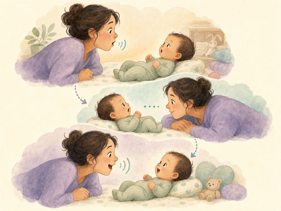 Watercolor illustration of a caregiver and baby exchanging gentle sounds.