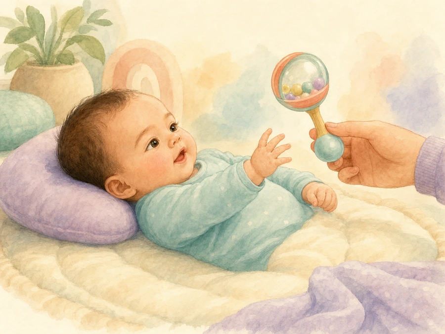 Watercolor illustration of a baby exploring a rattle with a nearby caregiver.