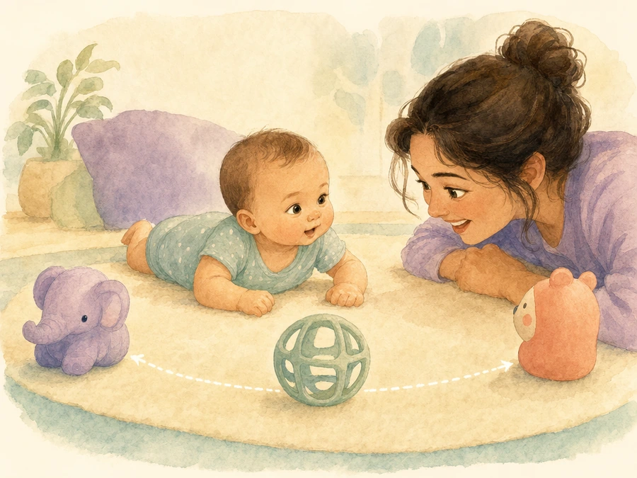 Watercolor illustration of supervised tummy play with toys and a caregiver.