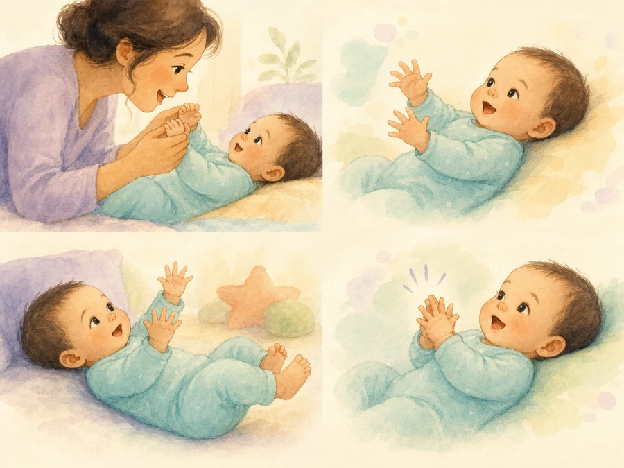 Watercolor illustration of a caregiver singing as a baby discovers their hands.