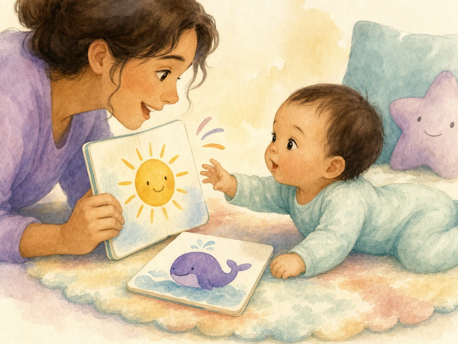 Watercolor illustration of a caregiver sharing a picture book with a baby.
