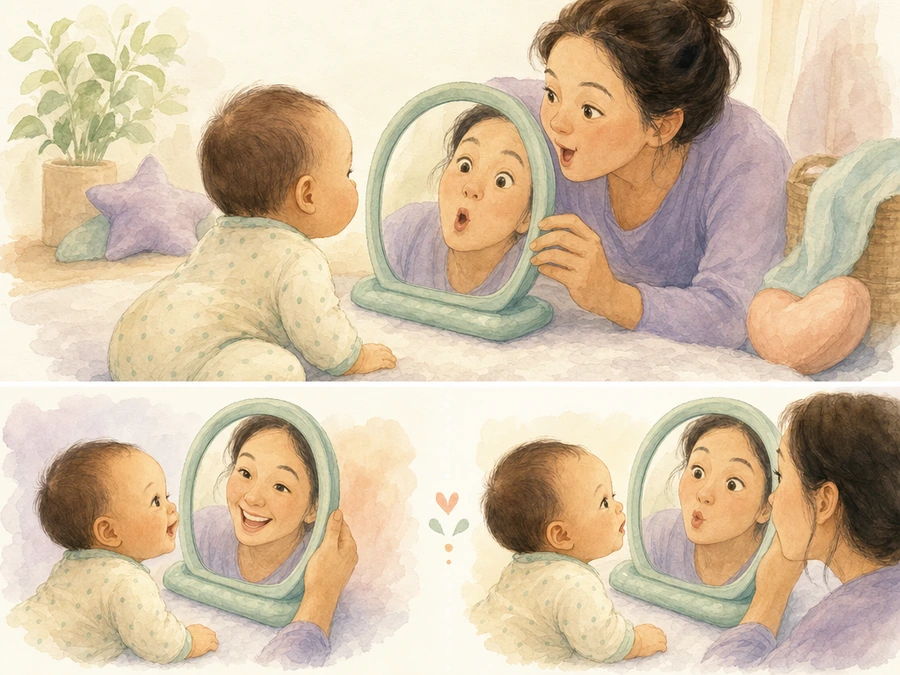 Watercolor illustration of a caregiver and baby sharing expressions in a baby-safe mirror.