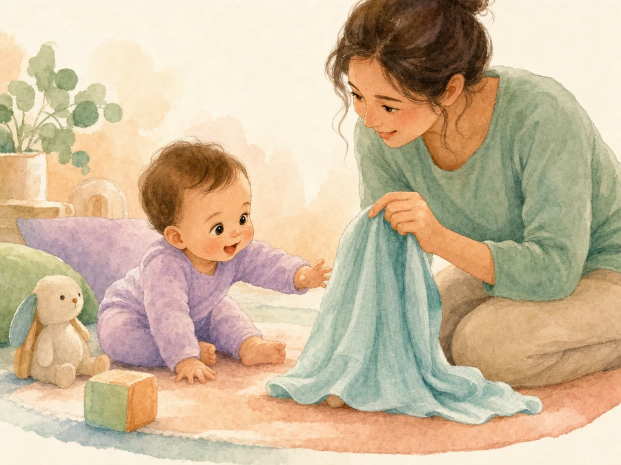 Watercolor illustration of a caregiver partly hiding a toy for a baby.