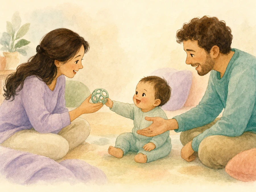 Watercolor illustration of a caregiver offering a toy to a seated baby.