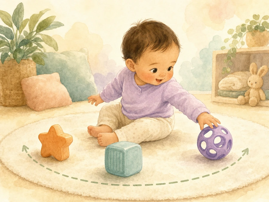 Watercolor illustration of a baby exploring a small circle of toys with support nearby.