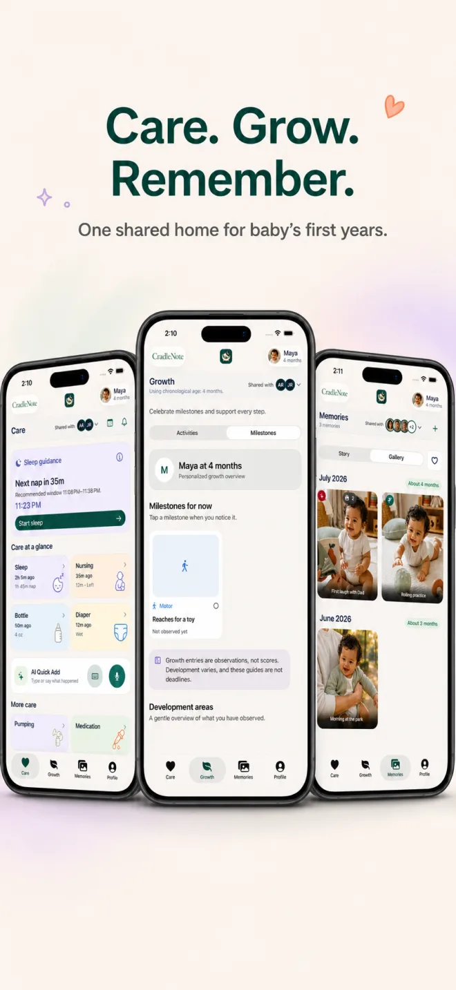 CradleNote on three iPhones showing shared baby care, growth milestones, and private family memories.