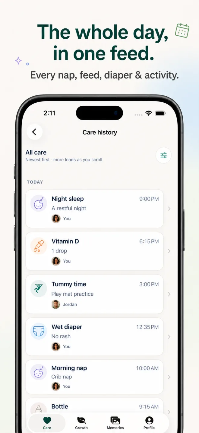 CradleNote Care history showing a chronological feed of sleep, medicine, activities, diapers, and feeds.