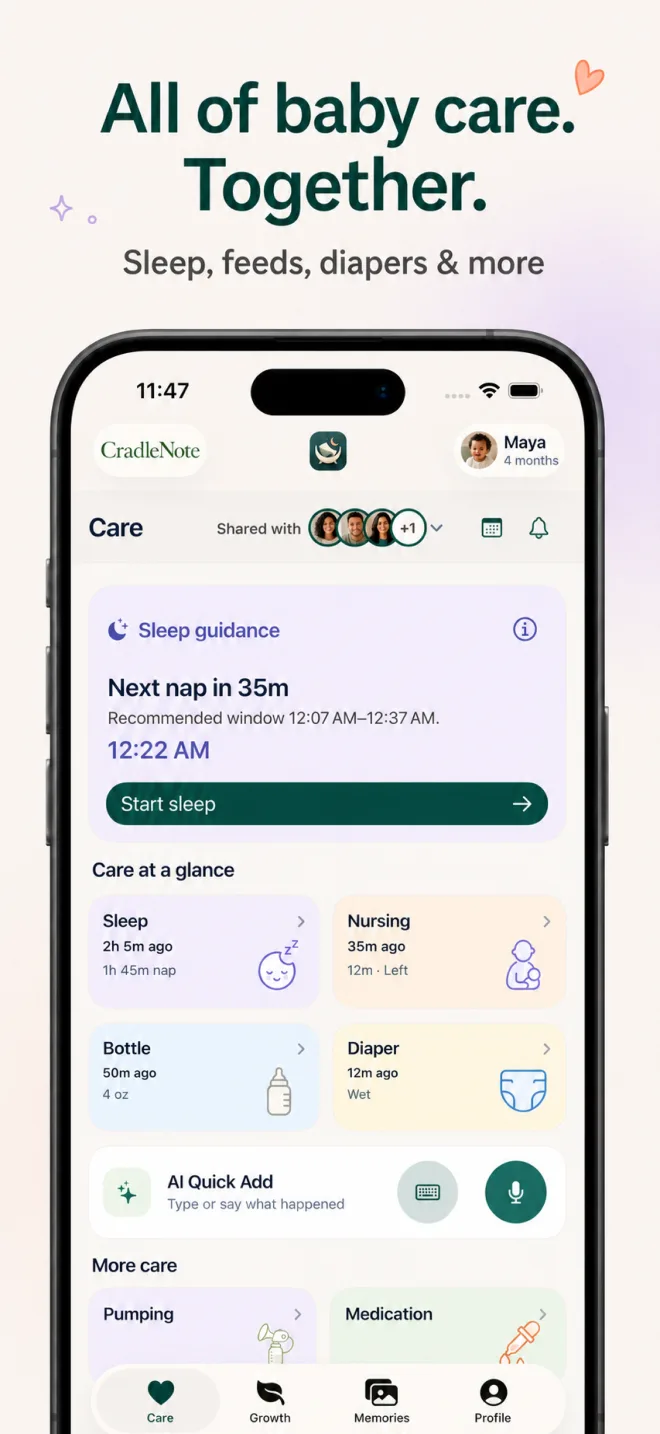 CradleNote Care tab showing sleep guidance, feeds, diapers, medicine, and AI Quick Add for a shared care circle.