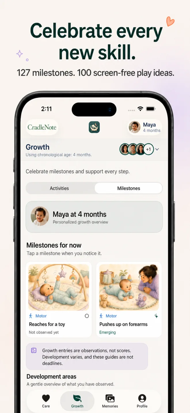 CradleNote Growth tab showing illustrated milestones and age-relevant play ideas.