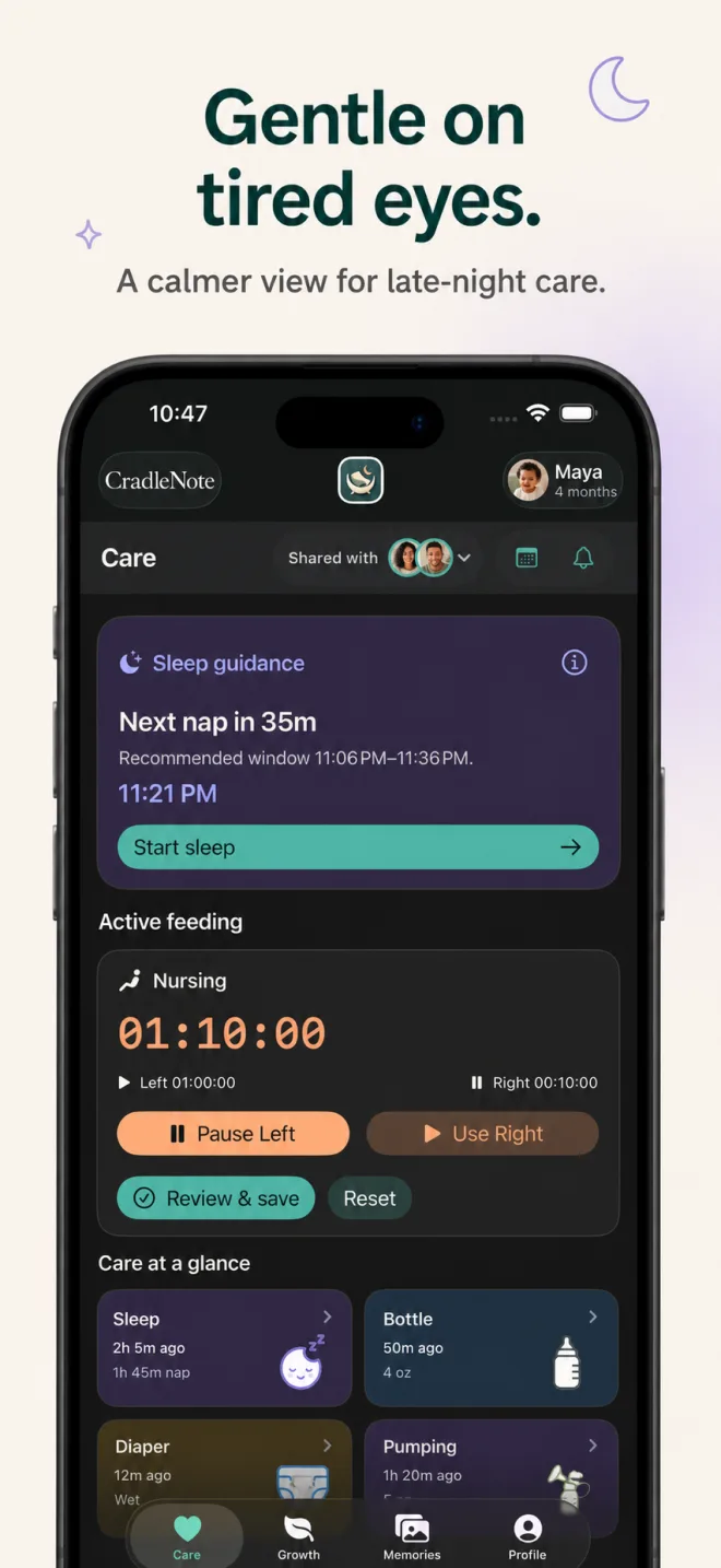 CradleNote Care dashboard shown in both light mode and dark mode.