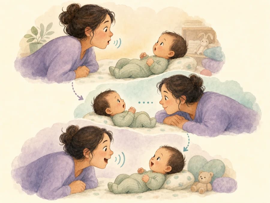 Watercolor illustration of a caregiver and baby exchanging gentle sounds.