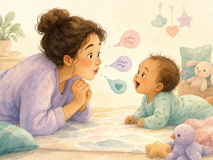 Caregiver and baby exchanging playful sounds in a watercolor illustration.
