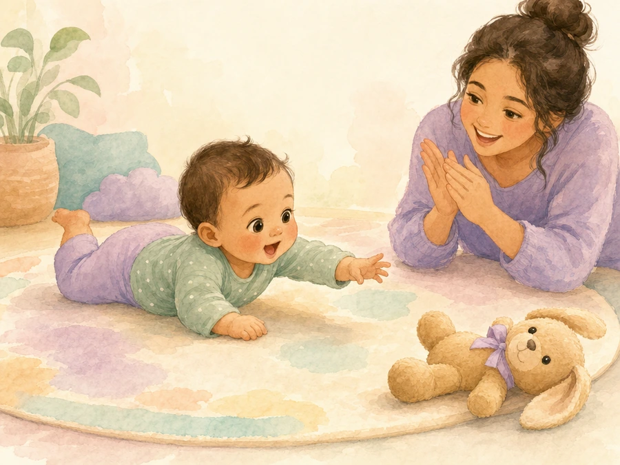 Baby reaching toward a toy during supervised floor play, illustrated in watercolor.