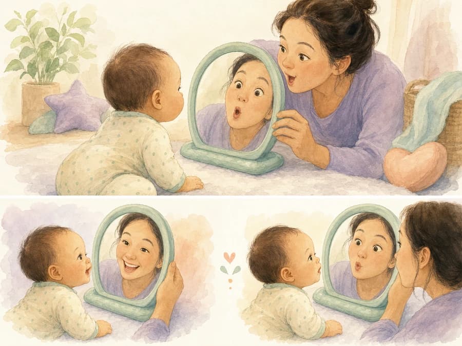 Watercolor illustration of a caregiver and baby making expressions together in a baby-safe mirror.