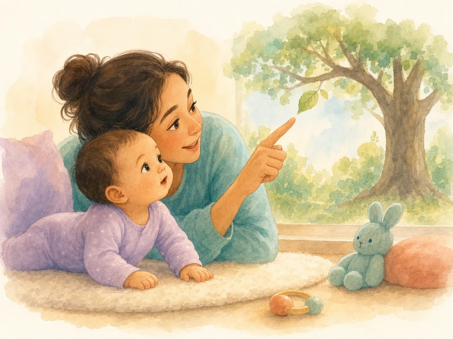 Caregiver pointing out everyday sights to a baby in a watercolor illustration.