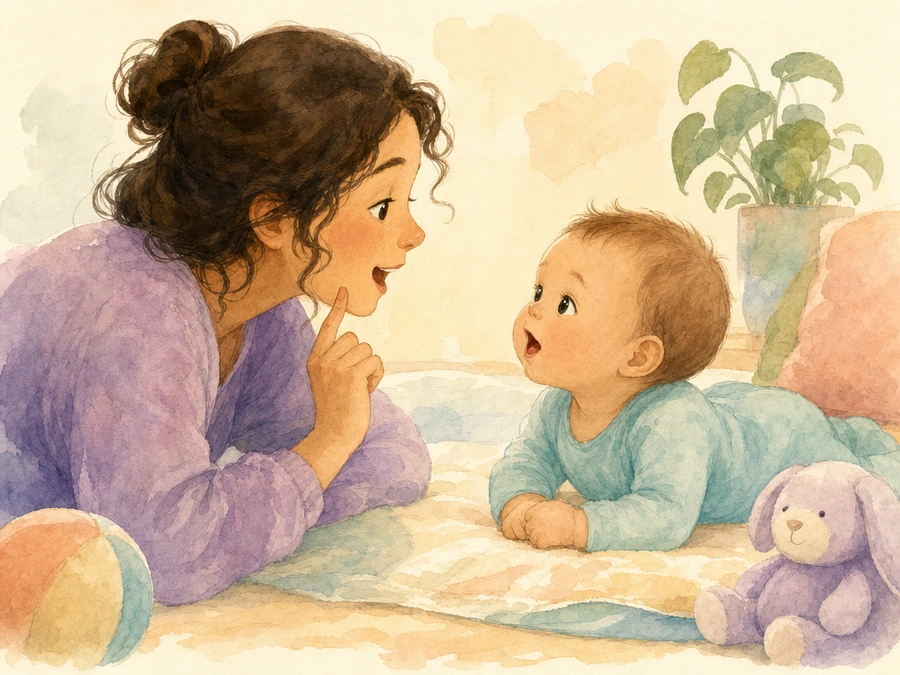 Caregiver singing a familiar song to an attentive baby, illustrated in watercolor.