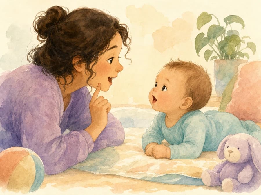 Caregiver singing a familiar song to an attentive baby, illustrated in watercolor.