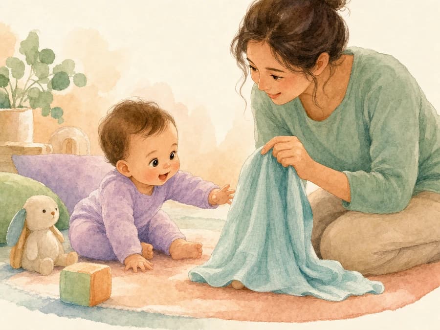 Watercolor illustration of a caregiver partly hiding a toy for a baby.