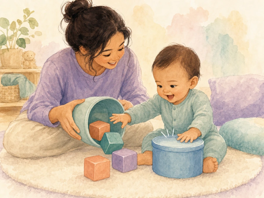 Watercolor illustration of a baby exploring blocks and a wide container.