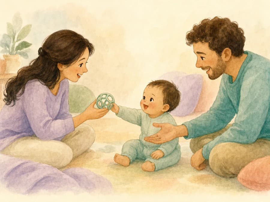 Watercolor illustration of a caregiver offering a toy to a seated baby.