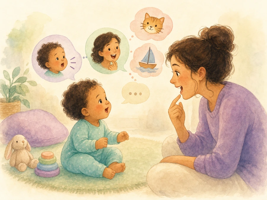 Watercolor illustration of a caregiver responding to a baby’s sounds.