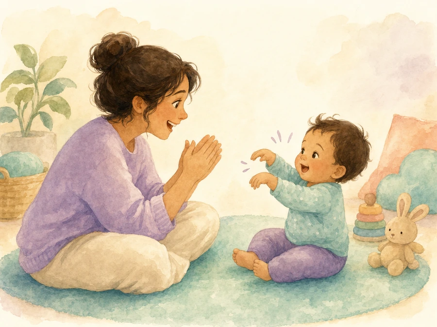 Watercolor illustration of a caregiver and baby enjoying a clapping rhyme.