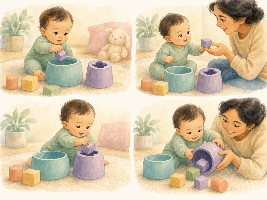Watercolor illustration of a baby dropping a large block into a container.