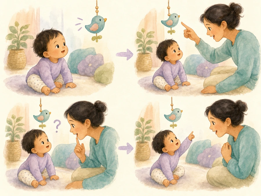 Watercolor illustration of a caregiver pointing out an everyday sight to a baby.