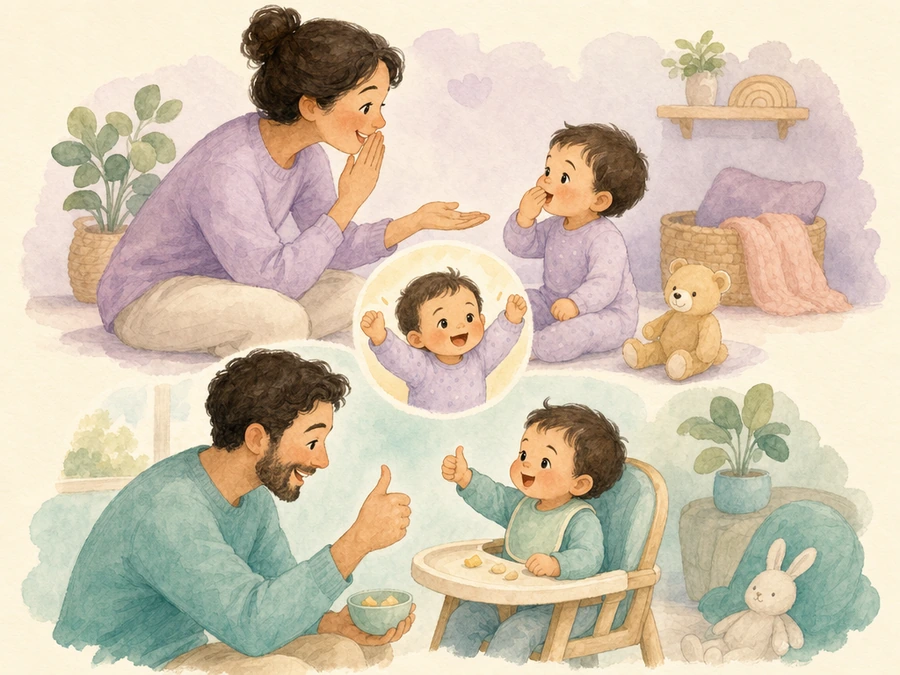 Watercolor illustration of a caregiver modeling a gentle wave for a baby.