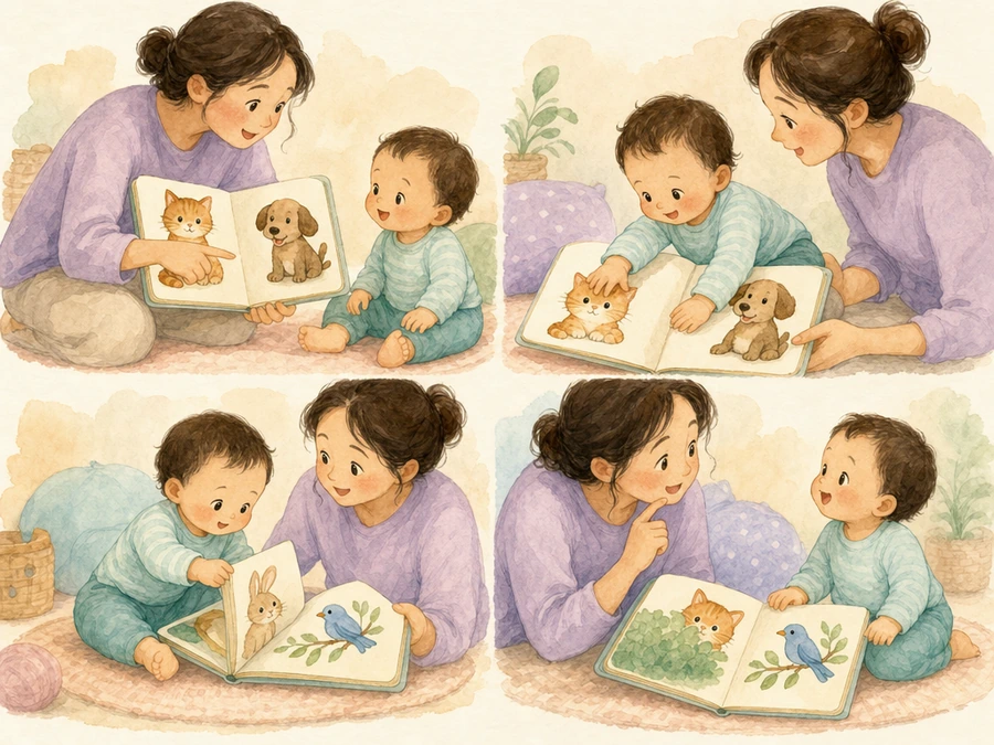 Watercolor illustration of a caregiver and baby sharing a small moment with a book.