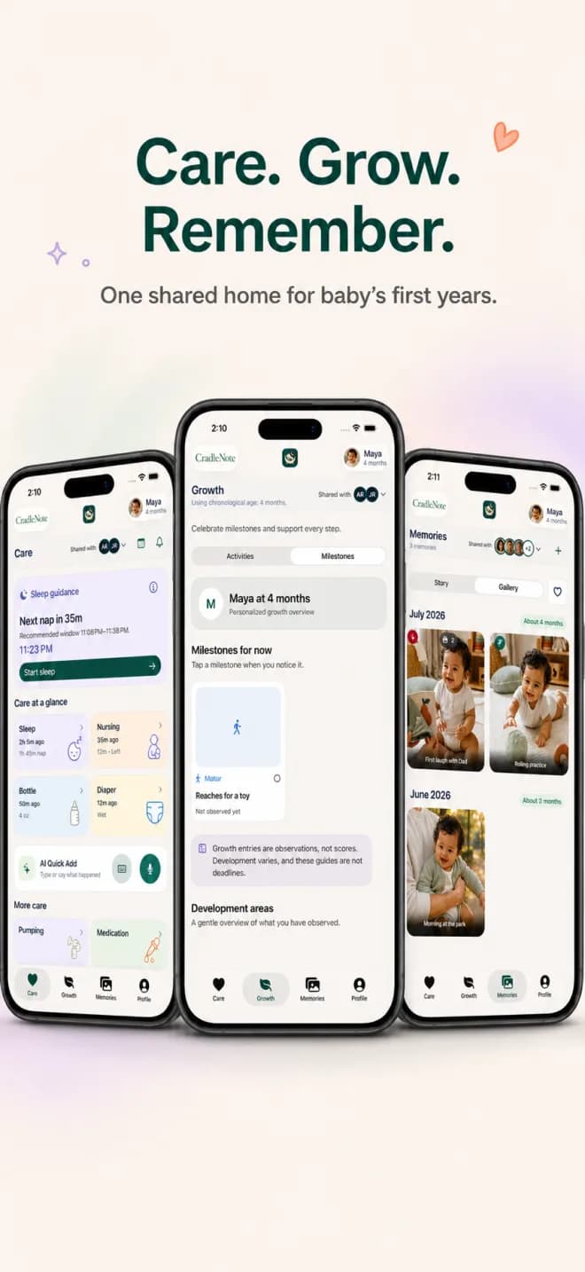 CradleNote on three iPhones showing shared baby care, growth milestones, and private family memories.